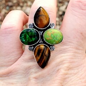 New Tiger Eye, Green Turquoise & Quartz 925 Silver Statement Ring.